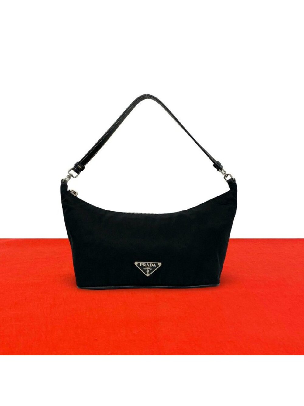 Prada Triangle Logo Tessuto Pocono Nylon Leather Shoulder Bag Black
